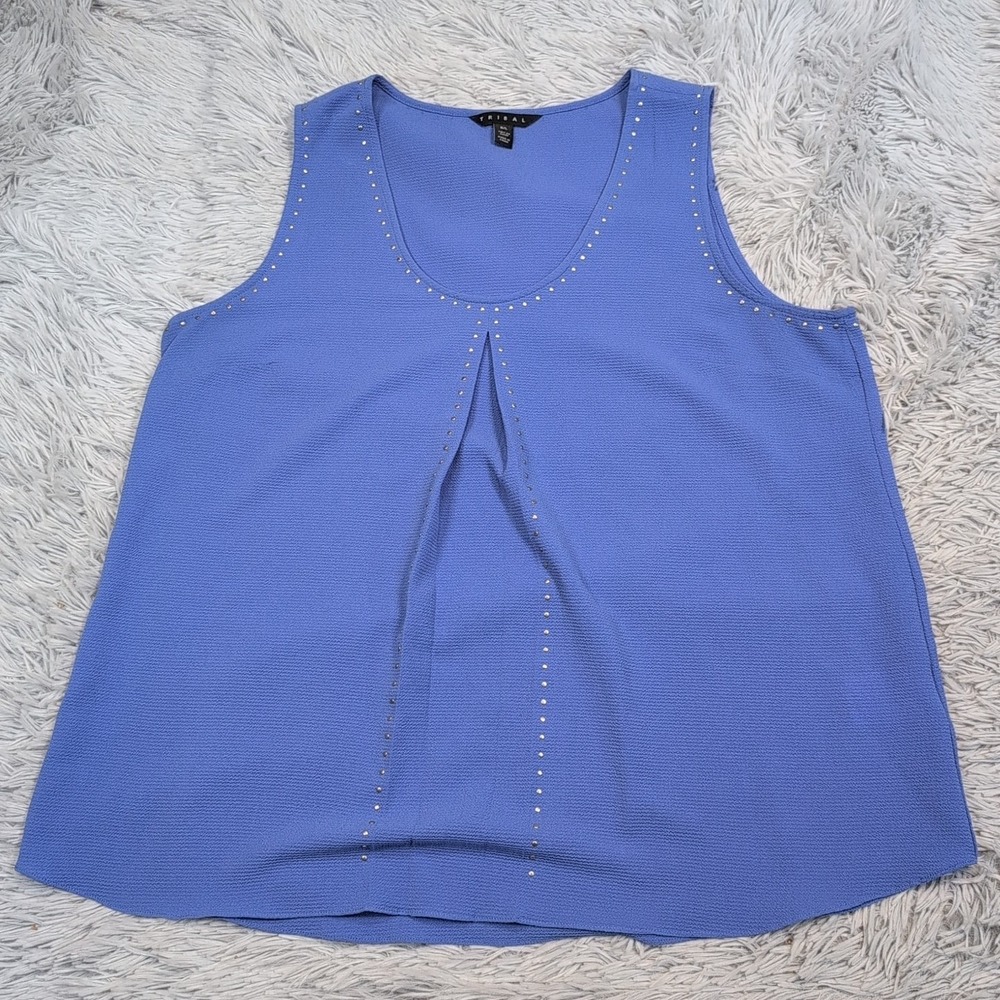 Tribal Shirt Womens L Blue Top Blouse Sleeveless Casual Comfort Studded‎
